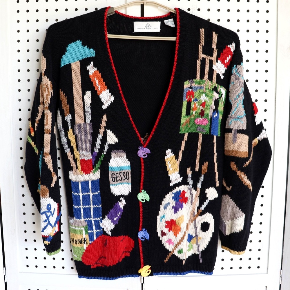 Vintage Design Options Artist Cardigan Womens SIZE M Wearable Art Hand Knit